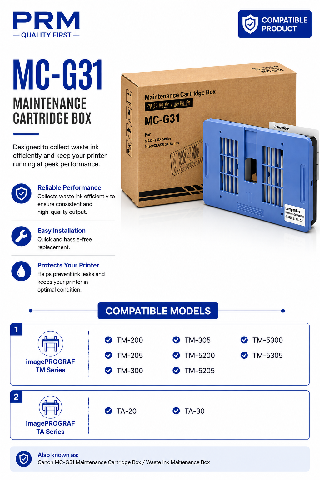 Canon MC-G31 Maintenance Cartridge Compatible for imagePROGRAF TM-200 / TM-300 / TM-5200 / TM-5300 / TA-20 | PRM