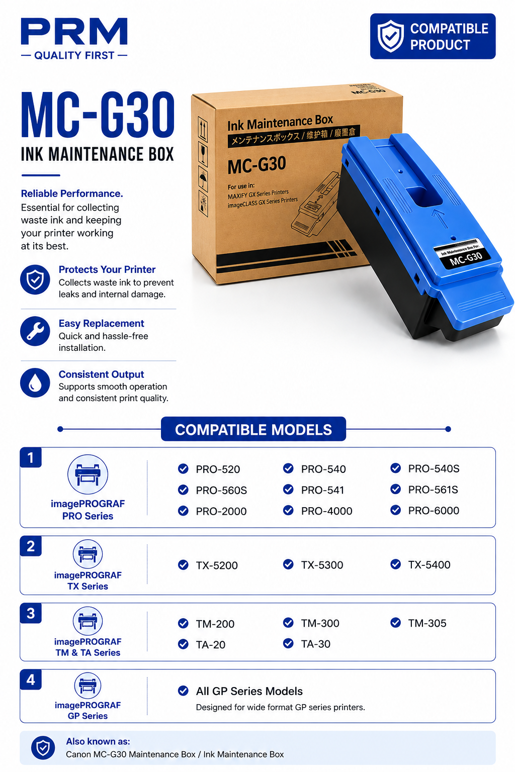 Canon MC-G30 Maintenance Cartridge Compatible for imagePROGRAF PRO-2000 / PRO-4000 / TX-5300 / TM-300 / GP-300 | PRM